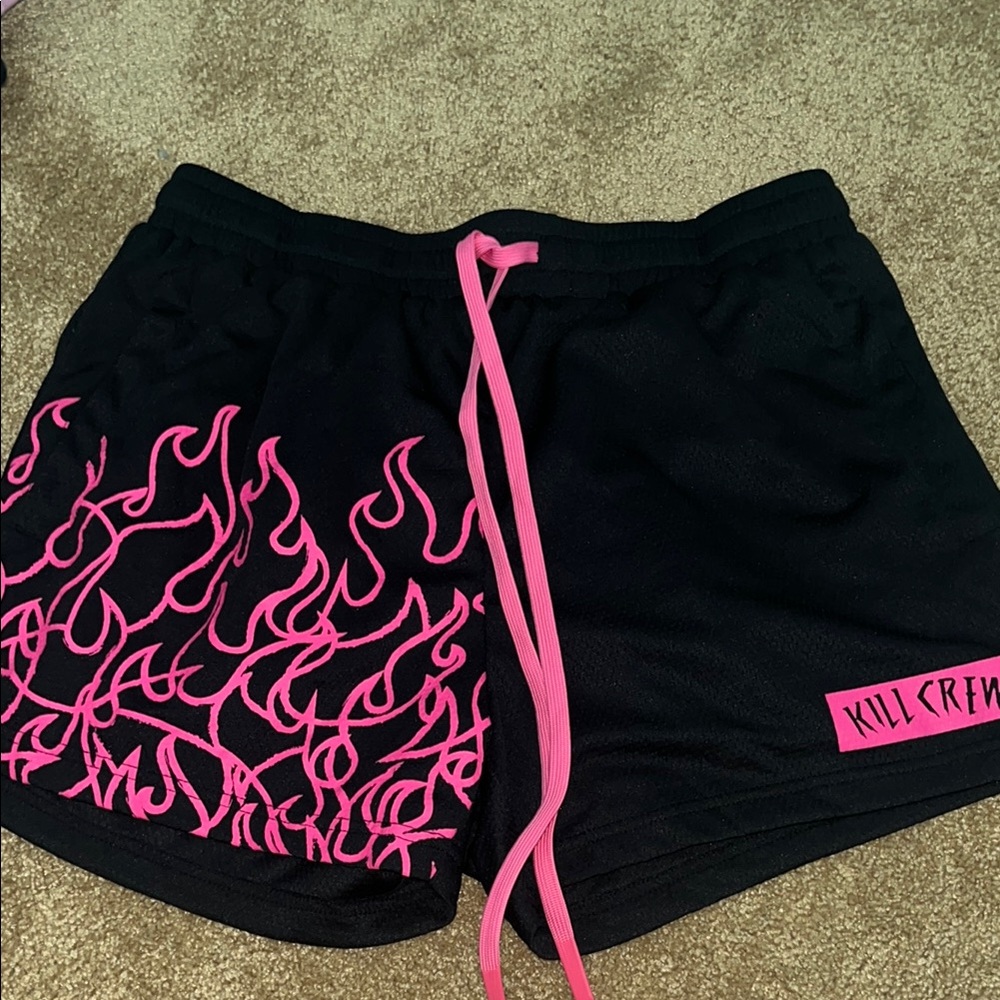 Kill Crew Black and Pink Athletic Shorts with Flame Design
